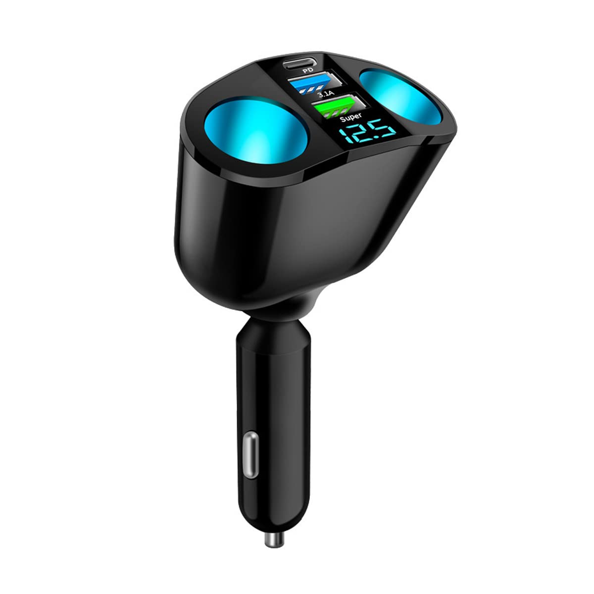 Car Cigarette Lighter Splitter, 2-Socket Cigarette Lighter Adapter With Led Voltmeter, Dual Usb Qc3.0 Type-C 20W Pd Fast Car Cha