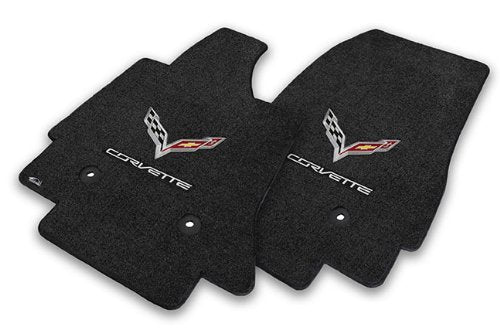 Fits 2014-2018 C7 Corvette Jet Black Floor Mats - Crossed Flags & Corvette Script