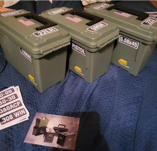 Aolamegs Ammo Can Vinyl Sticker Set Decal Label For Cans Cases Boxes .22 .223 .308 9Mm .380 .45 5.56 7.62 12Ga 300Blk (56 Pack/28 Varieties &3 Pcs Usa Flag Stickers)