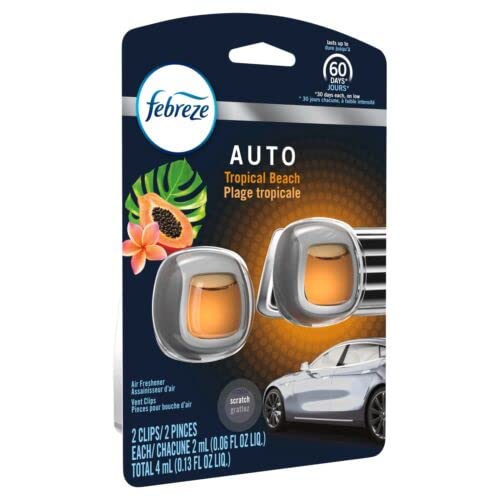 Febreze Car Vent Clip Air Freshener, Odor Eliminator For Up To 30 Days Freshness, 2 Clips (Tropical Beach)