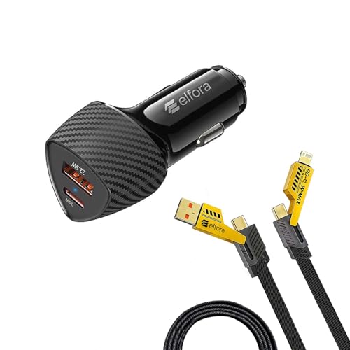 Elfora 52.5W Fast Car Charger (33W TypeC Pd + 22.5W Usb) With 65W 4 In 1 Braided 1.5M Charging Cable | Multiport TypeC | Light