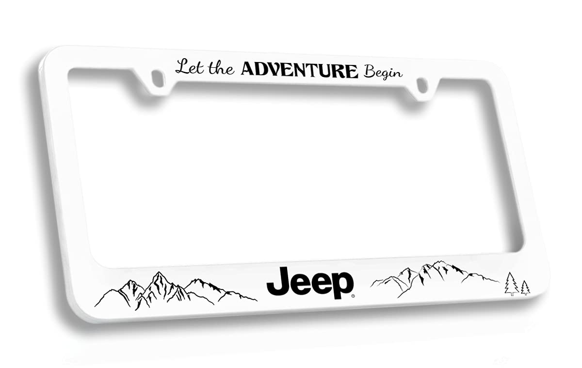 Jeep Let The Adventure Begin Wordmark Uv Printed White Plastic License Plate Frame Holder