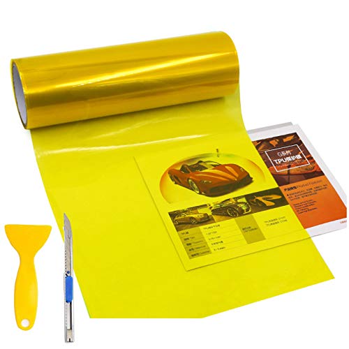 Komas 12 X 48 Tint Vinyl Film Sticker Sheet Roll For Car Headlight, Tail Lights, Fog Lights With Squeegee + Cutter (Glossy Yello