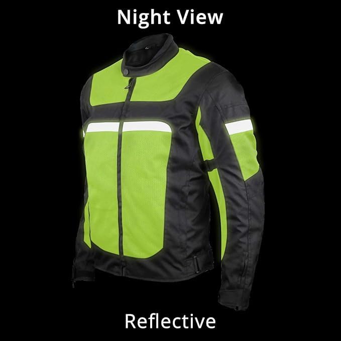 Vance Leather Revo Mens Advanced All-Season Hi-Viz Reflective Mesh & Textile Motorcycle Jacket W/Ce Armor &  Removable  Liner (H