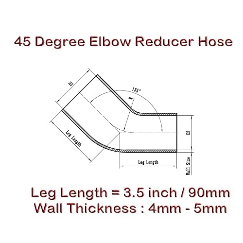 Autobahn88 Automotive Silicone Hose Bend, 45-Deg Elbow Reducer Coupler, ID=1.5'' to 2'' (38 to 51mm), Leg Length 3.13'' (80mm),