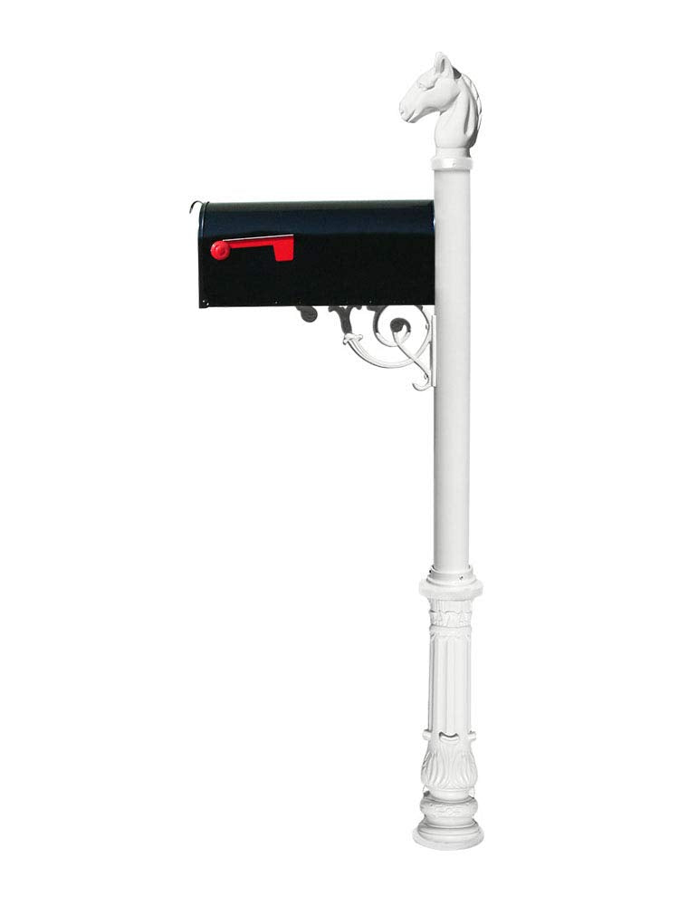 QualArc Lewiston Equine Post System with E1 Economy Mailbox, Mounting Plate, Ornate Base and Horsehead Finial - White