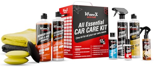 Wavex Car Polish Kit 12 Pcs | Includes Car Dashboard Polish, Car Wax, Tyre Polish, Car Shampoo, Windshield Washer & Car Freshene