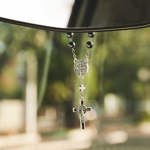 Intercession Hematite Car Rearview Mirror Rosary (St Benedict)