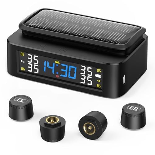Seacot RV TPMS Tire Pressure Monitoring System with Solar/USB Charging, 4 Sensors, 6 Alarm Modes, LCD Display, 0-87 PSI Pressure