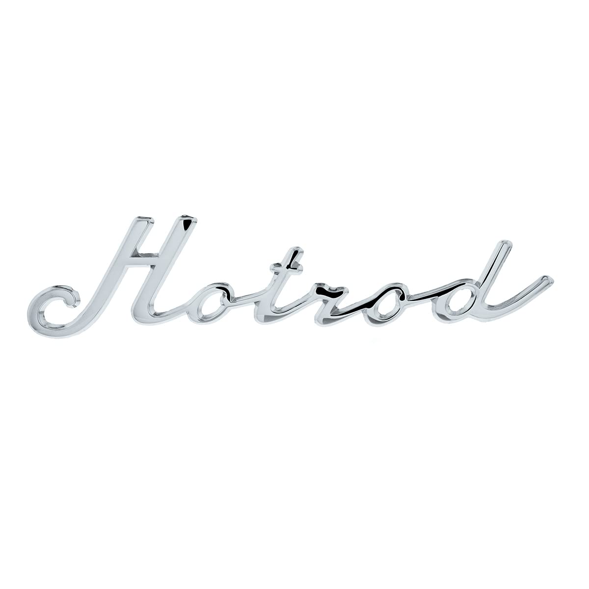 United Pacific S1001 Chrome Plated “Hotrod” Script Emblem w/Mounting Stud, Triple Chrome Plated, Stud Mounted, Universal Application – ONE Emblem