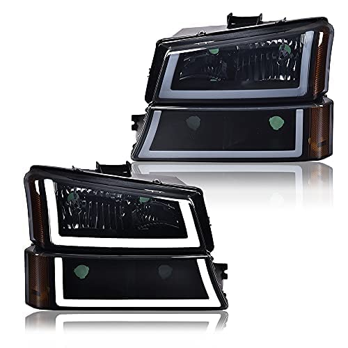 G-Plus Led Drl Headlights, Compatible With 2003 2004 2005 2006 Chevy Silverado Avalanche, Smoky Lens Black Housing Amber Reflect