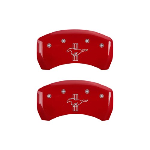Mgp Brake Caliper Covers For Ford Mustang 2010-2014 With Red Powder Coat Finish Engraved Silver Mustang Bar & Pony Logo, Front A