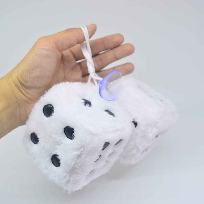 Fuzzy Plush Dice For Car Mirror, Pair Of Retro 3    White Dice With Black Dots For Car Interior Hanging Ornament Decoration