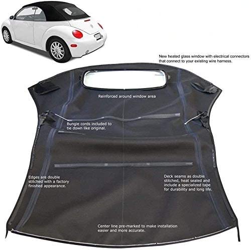 Autoberry Compatible With Volkswagen Beetle Convertible Top & Heated Glass Window For Power Tops 2003-2009 Black Canvas Cloth