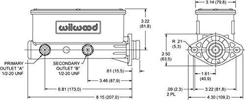 Wilwood Master Cylinder, Tandem, 1 in Bore, 1.100 in Stroke, Integral Reservoir, Aluminum, Black Paint, Kit (260-8555-BK)