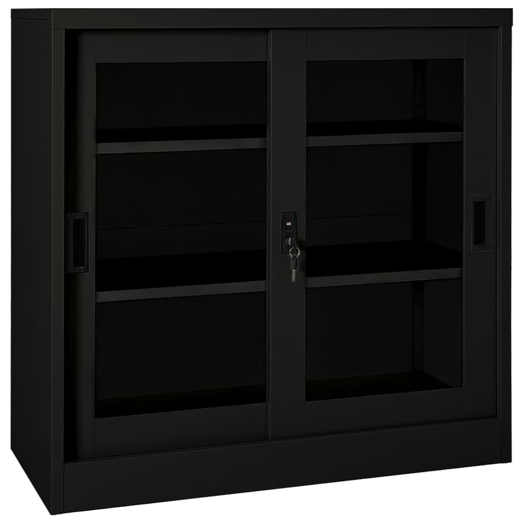 vidaXL Black Sliding Door Cabinet - Robust Steel Construction - with Tempered Glass - Adjustable Shelves - Lockable Office Storage Solution