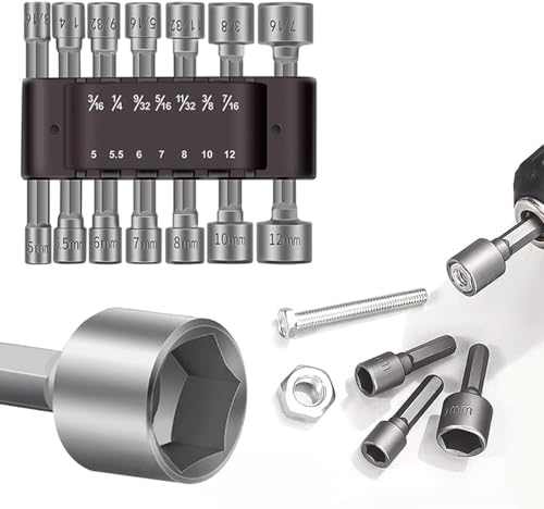 Kliffoo 14 Piece Power Nuts Driver Drill Bit Socket Wrench Tools Set,1/4 Inch Hex Shank Nut Driver Socket Wrench Tools,Electric