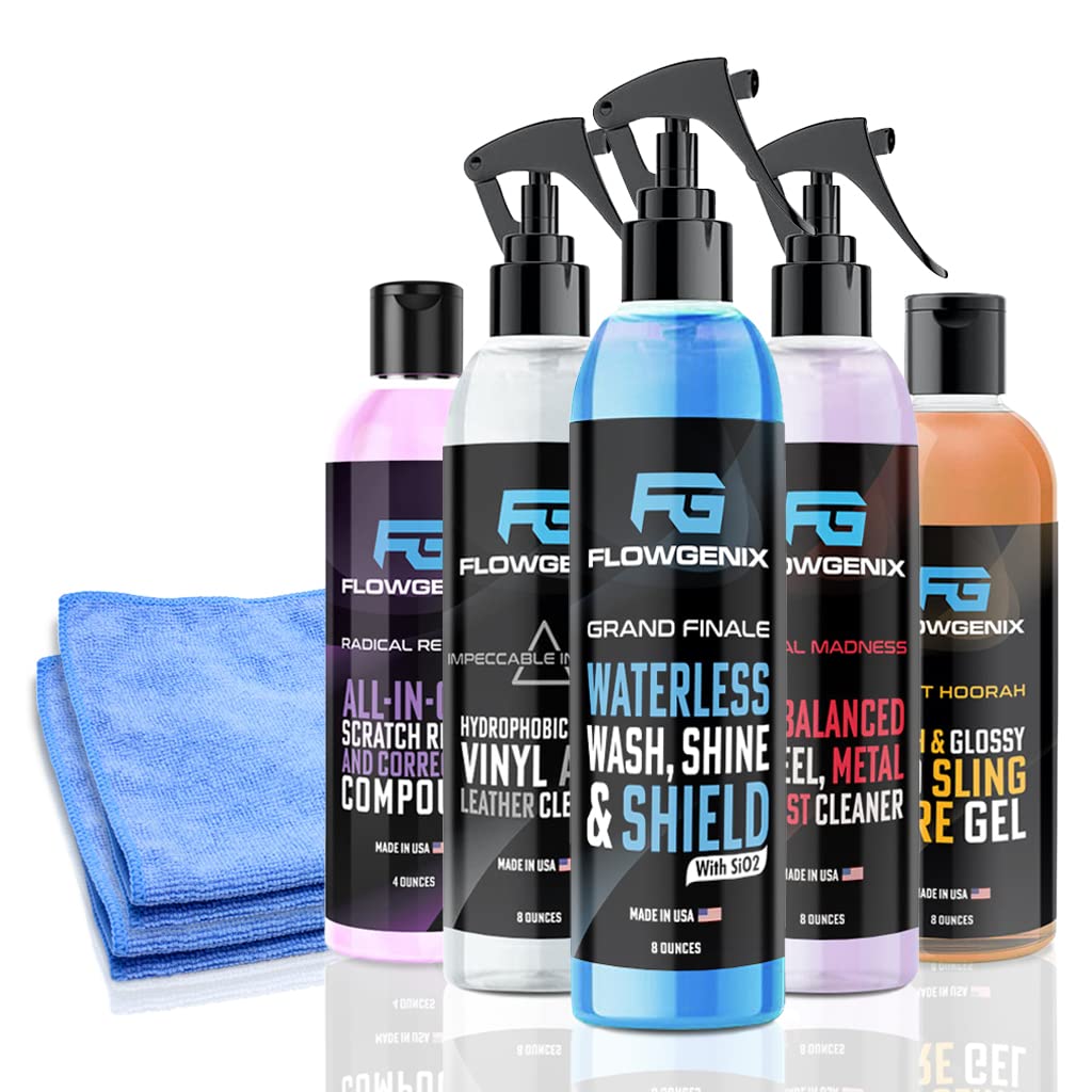 Flowgenix™ Grand Slam 5-Pack - Includes Detailing Spray, Tire Gel, Scratch Repair, Wheel Metal Rust Cleaner, Interior Water-Repellent Vinyl & Leather Cleaner - Includes 2 Microfiber Towels