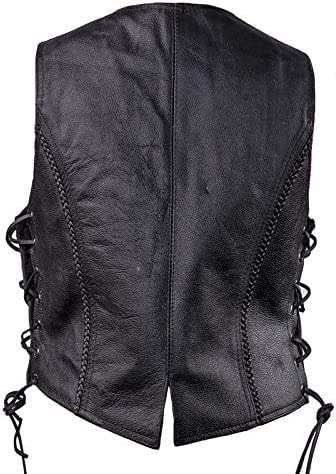 Womens Black Leather Motorcycle Vest With Braid On Front And Back Side Laces (As1, Alpha, 4X_L, Regular, Regular)