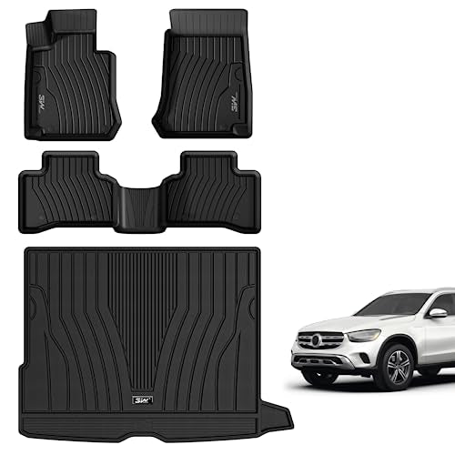 3W Floor Mats And Cargo Liner Compatible For Mercedes Benz Glc 2016-2022 (Not Fit Coupe Series) Tpe All Weather Custom Fit Glc300 Floor Liner And Cargo Mats 1St 2Nd Rows Car Mats And Trunk Liner Black