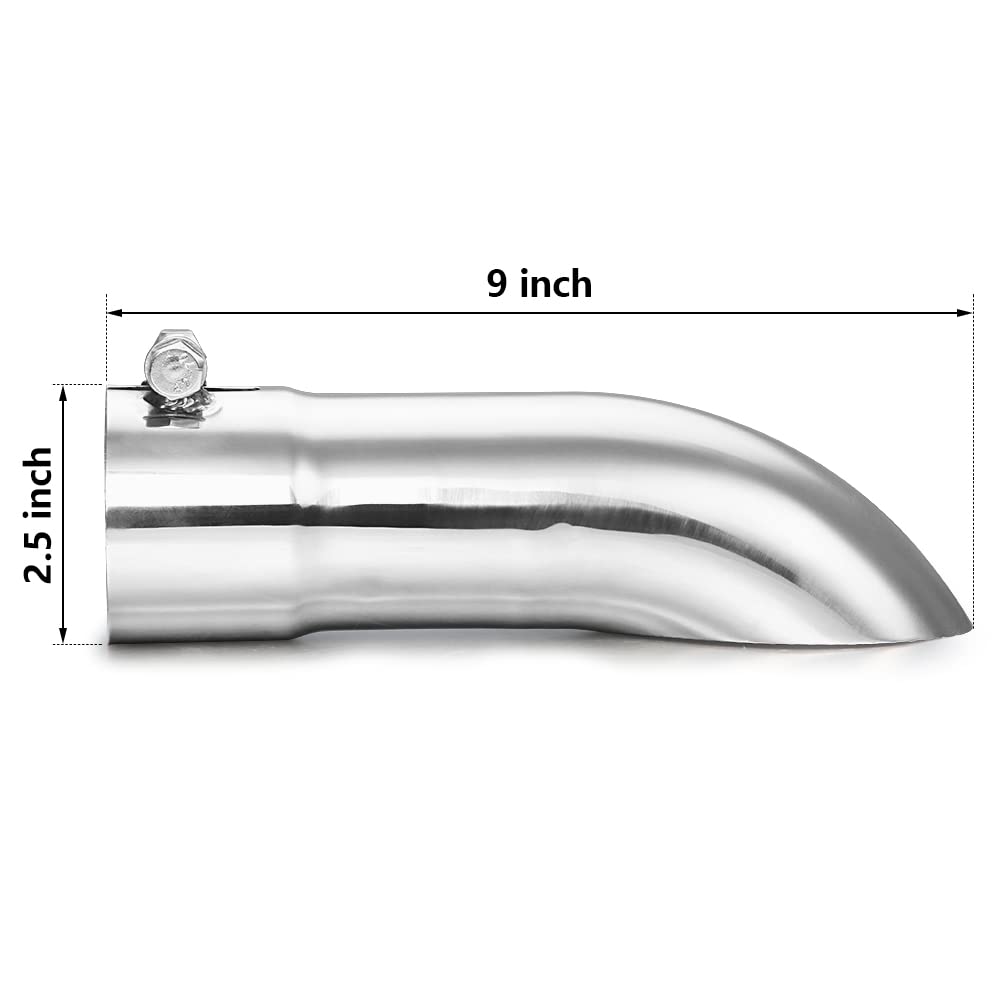 Turn Down Exhaust Tip 2.5' Inlet, A-Karck Polished Tailpipe Tip With 2.5' Inlet & Outlet 9' Overall Length, Stainless Steel Structure For High Temperature Resistance