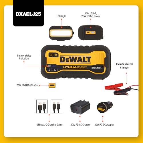 DEWALT DXAELJ25 2500 Peak Amp Portable Lithium Jump Starter with 25W Type C, 15W Type A, 60W Type C in/Out