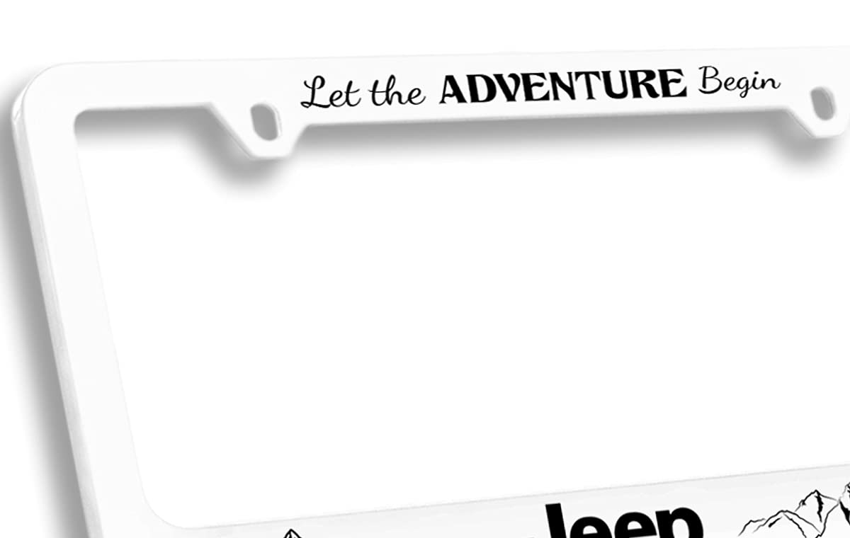 Jeep Let The Adventure Begin Wordmark Uv Printed White Plastic License Plate Frame Holder