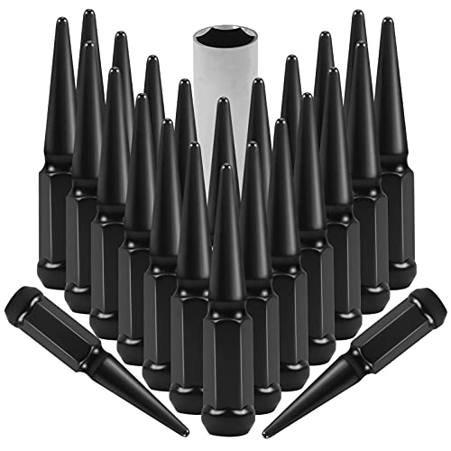 Mikkuppa 14Mm X 1.5 Wheel Spike Lug Nuts, 24Pcs M14X1.5 Lug Nut, Cone/Conical Bulge Seat, Black Closed End Nuts With 1 Socket Ke