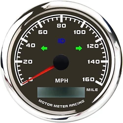 Motor Meter Racing W Pro 85Mm 3-3/8'' Gps Speedometer With Turn Signal High Beam 160 Mph Black Dial White Led Digital Odometer W
