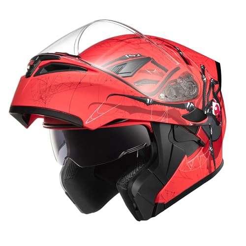 Kypara Motorcycle Dual Visor Flip Up Modular Full Face Helmet With Dot Certification Of Impressionism (Red Spider, Xl)