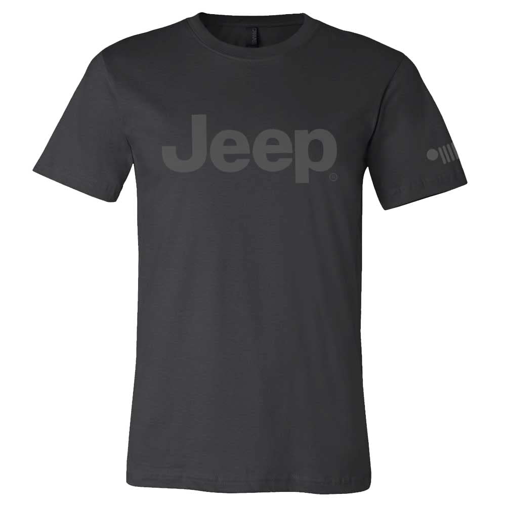 Jeep Premium Text Logo Blackout T-Shirt, Black Tee With Charcoal Grey Screen-Print On Chest, 7-Slot Grille Logo On Sleeve (Xxl)