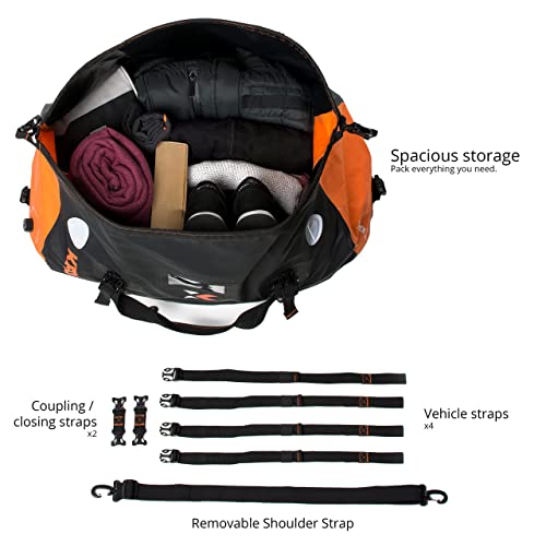 Kronox Waterproof Duffle Bag For Motorcycle Back Seat - Black & Orange, Vinyl, Hook And Loop Closure, 40-60 Liters Capacity, Ultimate Gear For Riders