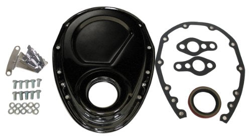 Compatible/Replacement For Chevy Small Block 283-305-327-350-400 Steel Timing Chain Cover Set W/Timing Tab - Black
