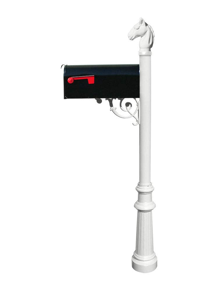 QualArc Lewiston Equine Post System with E1 Economy Mailbox, Mounting Plate, Fluted Base and Horsehead Finial - White