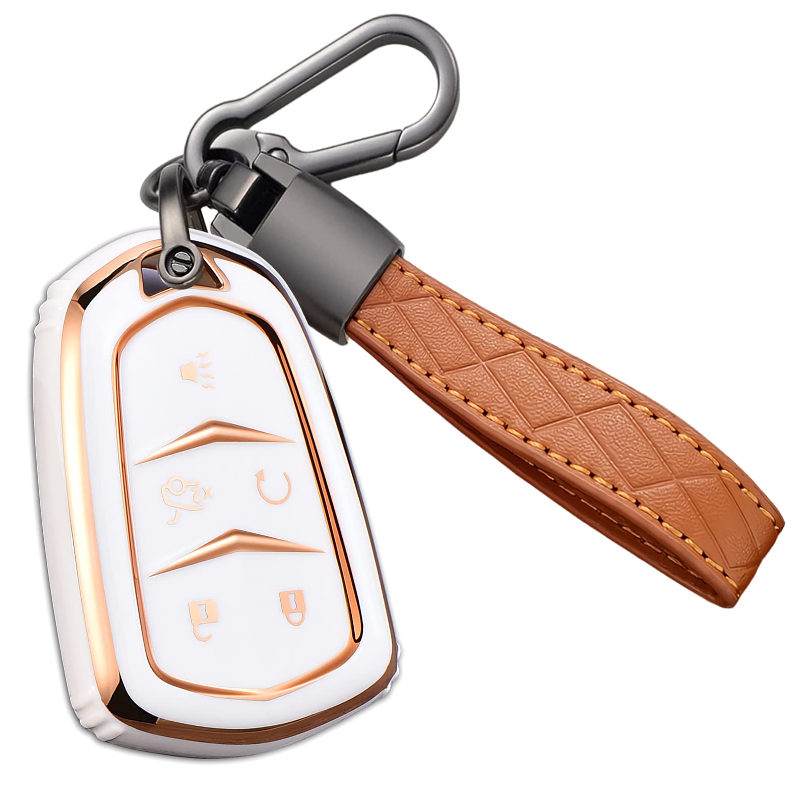 Cacacar For Cadillac Key Fob Cover With Keychain, For Cadillac Escalade Ats Cts Ct6 Sts Srx Xt5 Key Fob Case Premium Soft Tpu Full Protection Smart Key Holder (B-Ivory)