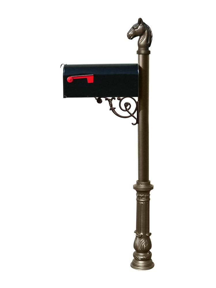 QualArc Lewiston Equine Post System with E1 Economy Mailbox, Mounting Plate, Ornate Base and Horsehead Finial - Bronze