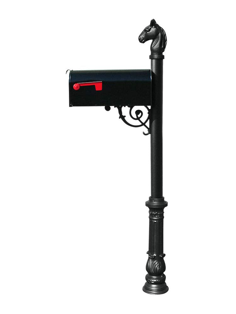 QualArc Lewiston Equine Post System with E1 Economy Mailbox, Mounting Plate, Ornate Base and Horsehead Finial - Black