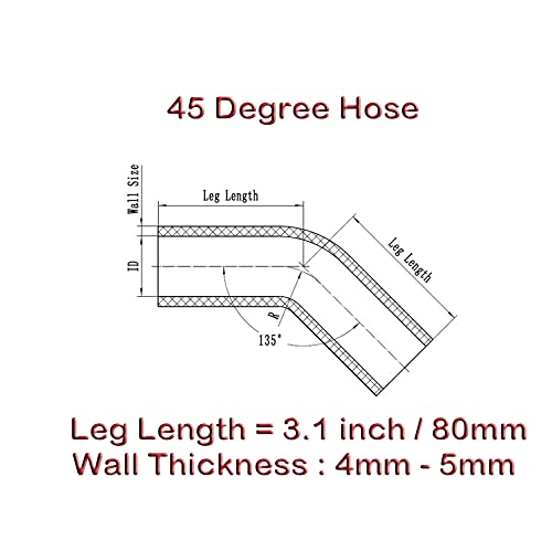 Autobahn88 Automotive Silicone Hose Bend, 45-Deg Elbow Coupler, ID=4.5'' (114mm), Leg Length 3.13'' (80mm), Wall Thickness= 0.2'