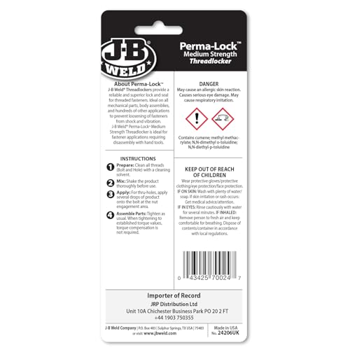 J-B Weld 24206 Perma-Lock Medium Strength Threadlocker - Blue - 6 Ml