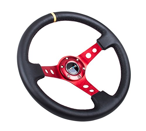 NRG Innovations NRG-RST-006RD-Y Reinforced Steering Wheel - 350mm Sport Steering Wheel (3&quot; Deep) - Red Spoke with Round holes, Black Leather, Yellow Center Mark