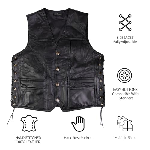 Xinmall Motorcycle Genuine Leather Biker Vest For Men Club Style Classic Black (Xx-Large)