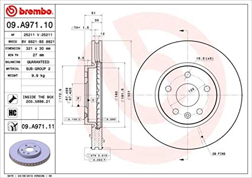 Brembo 09.A971.11 UV Coated vented Front Brake Rotor BUICK (SGM)/CHEVROLET/CHEVROLET (SGM)/OPEL/ROEWE (SAIC)/SAAB/VAUXHALL OE# 5
