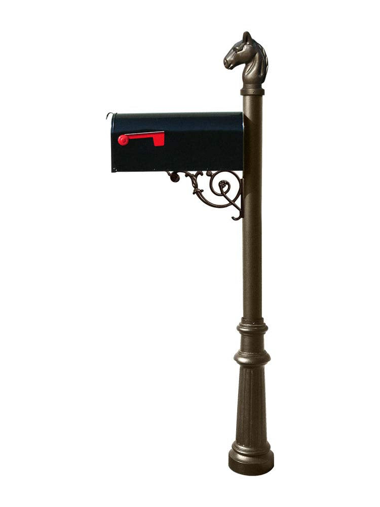 QualArc Lewiston Equine Post System with E1 Economy Mailbox, Mounting Plate, Fluted Base and Horsehead Finial - Bronze