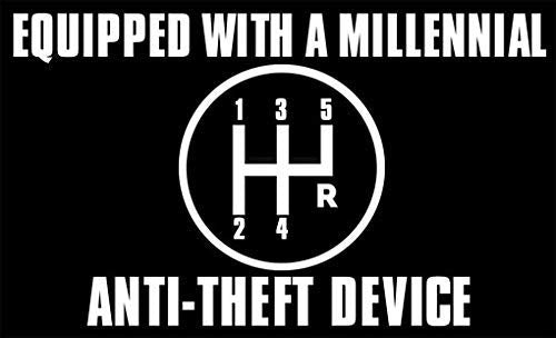 Black Medium - Equipped With A Millennial Anti Theft Device Sticker (Funny Stick Shift Manual Car (4.5 X 7.5 Inch)