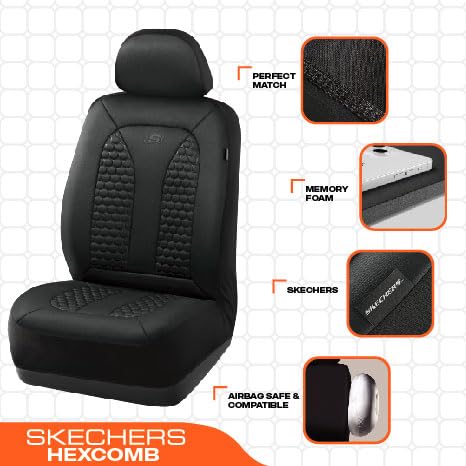 Skechers Memory Foam Car Seat Covers, Hexcomb Breathable Thick Seat Covers Black Two Front Seat Covers, Airbag Compatible, Autom