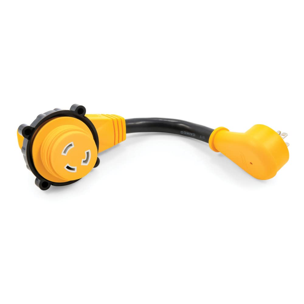 Camco 55636 Power Grip 12 Dogbone with 90M/90F Locking Adapter - 15AM - 30AF, Yellow