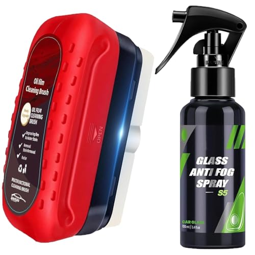 Oil Film Cleaning Brush & Car Glass Cleaner Antifog Spray | Windshield Defogger & Stain Remover For Interior & Exterior | Anti