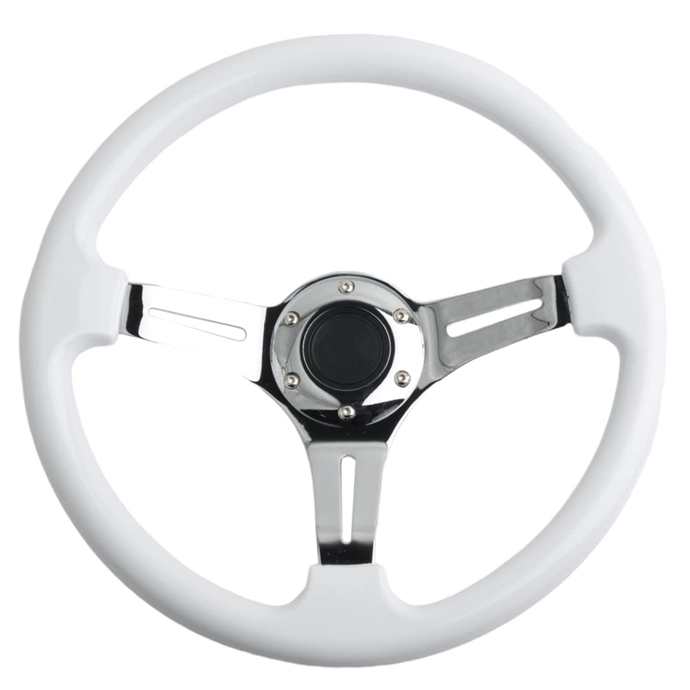 Classic White Car Racing Steering Wheel Chrome Silver Spokes 350mm 14'' Sports Wood Steering Wheel 6-Holes Deep Dish With Horn B
