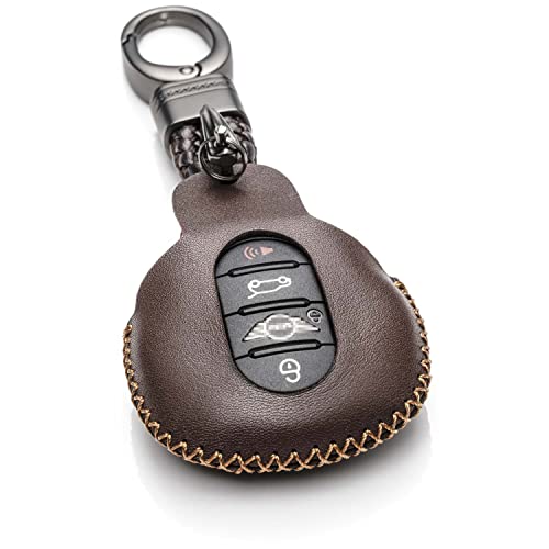 Vitodeco Genuine Leather Smart Key Fob Case Cover Protector Compatible With Mini Cooper 2015 - 2024, Clubman 2015 - 2024 (3 Or 4