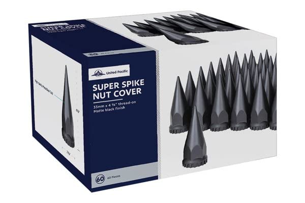 United Pacific 10548Cb - Wheel Lug Nut Cover Set - 33Mm X 4.75'' Black Spike Nut Cover With Flange- Thread-On (60 Pack)
